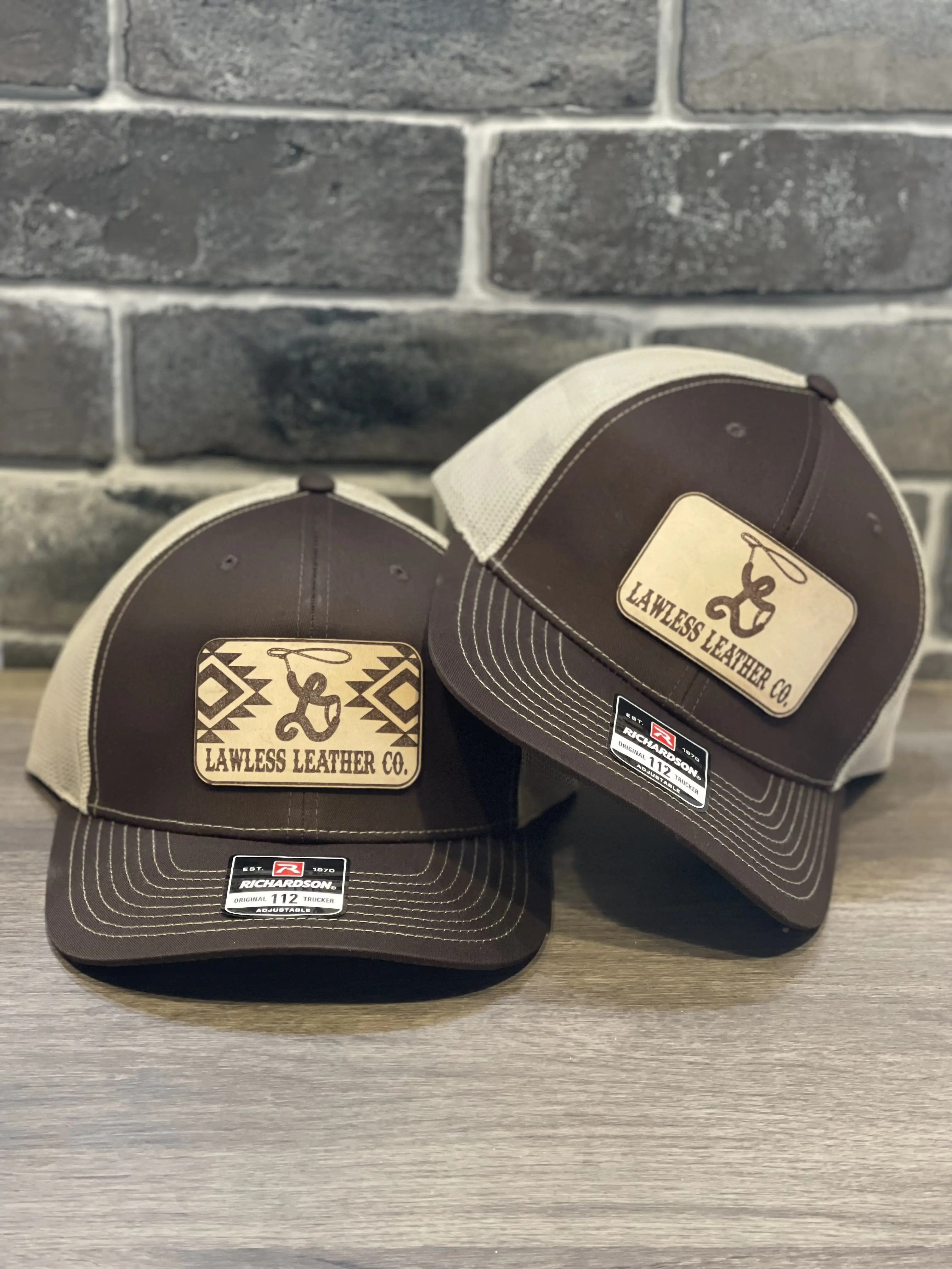 Brown & Khaki Leather Patch Hat, Lawless Leather Company, Baseball Cap, Aztec, Richardson 112. Snapback Baseball Cap