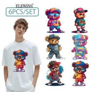 6Pcs Cartoon Teddy Heat Transfer Vinyl HTV Patches DIY Iron on Transfers for Tshirt Jeans Hat Bag Easy Peel Washable No Crack Fabric Decals for Crafts Costumes