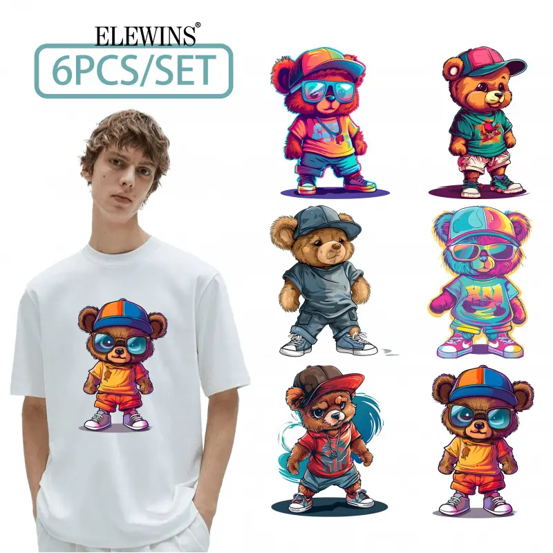 6Pcs Cartoon Teddy Heat Transfer Vinyl HTV Patches DIY Iron on Transfers for Tshirt Jeans Hat Bag Easy Peel Washable No Crack Fabric Decals for Crafts Costumes