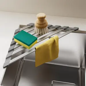 Triangular Dish Drying Rack, Sponge Holder For Kitchen Sink Multipurpose Over The Sink  Draining Rack Non-Slip, Easy to Clean and Space Saving, Triangular 16 x 9.5inch Matte Grey