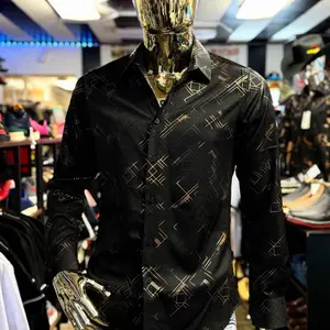Camisa - Lamasini Men's Shirt with Geometric Pattern - Black and Gold Design for Formal and Casual Wear