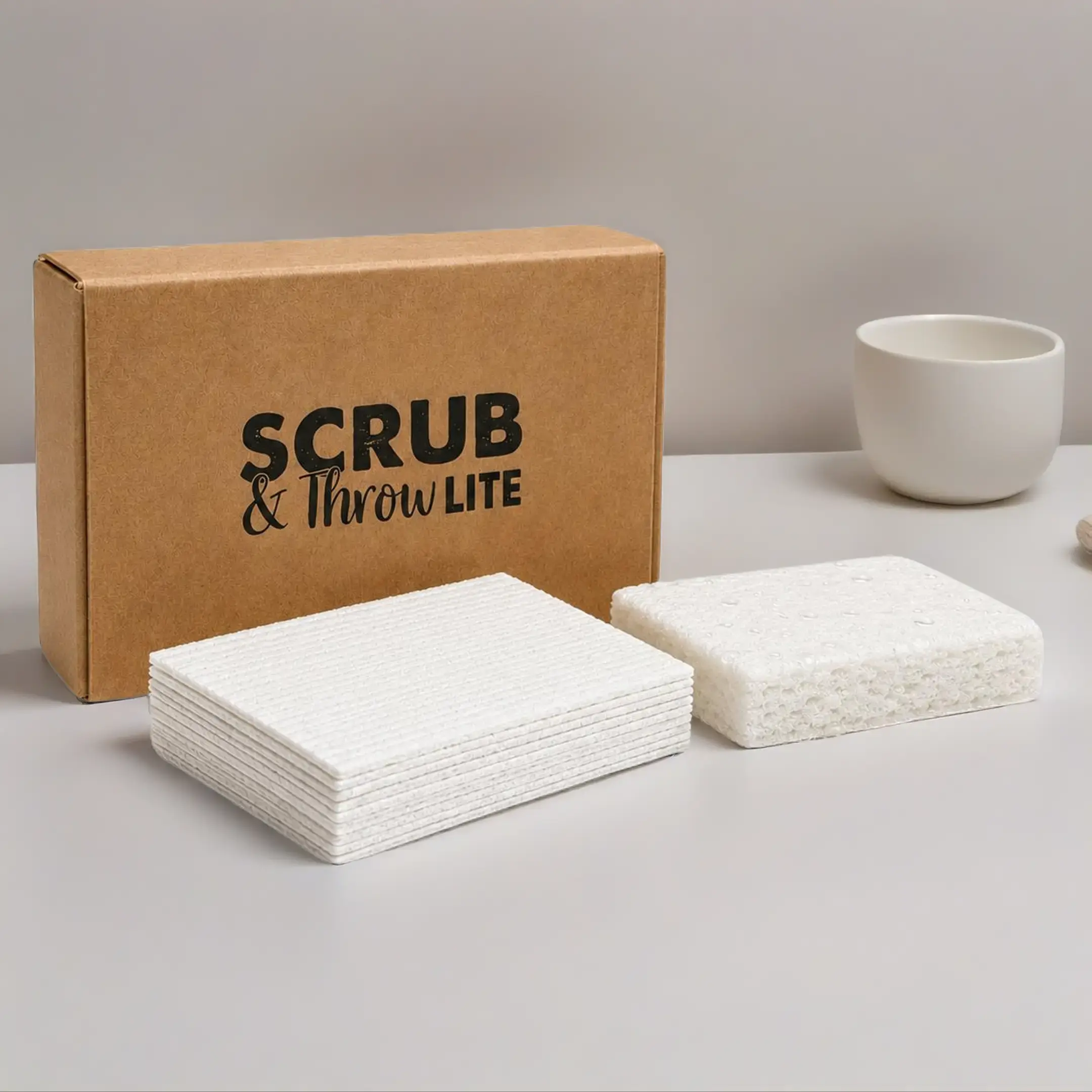 Scrub & Throw 15-Pack Dual-Sided Compressed Natural Cellulose Fiber Scrubber Sponges with Natural Loofah - Plastic-Free, Eco-Friendly, Biodegradable, Plant-Based, Non-Scratch, Durable, Absorbent for Household Kitchen Dish Cleaning