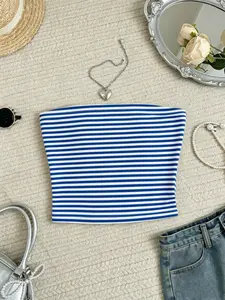 Striped Tube Top Women's Casual Sleeveless Strapless Bustier Short Top, Summer Basic Y2K Style Tank, Trendy Fashion Apparel