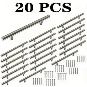 20pcs Silver Color Stainless Steel Cabinet Door Handles, Door Hardware, Brushed Finish, for Kitchen and Wardrobe, Includes Installation Screws