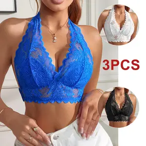 3PCS Floral Lace Halter Push-Up Backless Bra Unlined Comfy Bra Bralette Elegant Lingerie Sets Woman Top Hook and Eye Closure Back Unpadded Wirefree Lace Bra Mesh Fit Wireless Sculpt Bra Brasier Everyday Bra