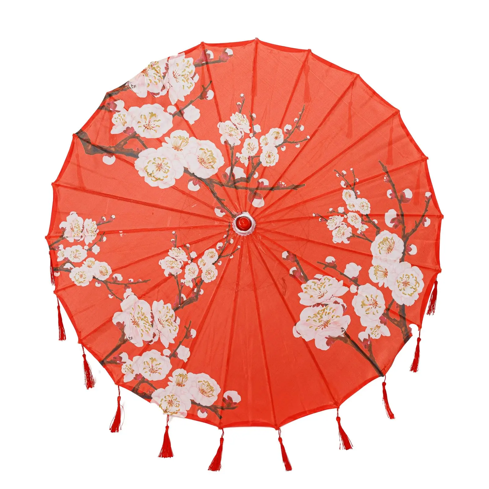 Thy Home 33 in Asian Handcrafted Traditional Silk & Bamboo Parasol Umbrella - Durable Bamboo Frame, Tassels, Sunshade, Foldable Hanging Home Accessory for Weddings, Music Festivals (21.5 in Closed)