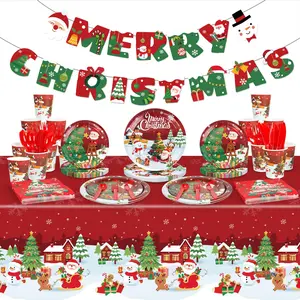 171 Pcs Christmas Party Decor Supplies Red Christmas Dinnerware Set for 24 Guests Disposable Christmas Theme Paper Plates and Napkins Cups,Tablecloth for Merry Christmas Party Indoor Outdoor Decor