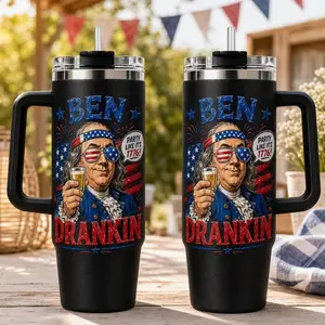 Ben Drankin Tumbler With Handle, Funny 4th of July Cup, Patriotic 1776 Drinkware, Black Travel Mug, Beer Lover Gift