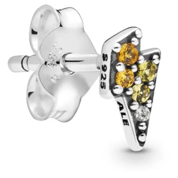 Pandora Lightning Bolt 925 Sterling Silver Stud Earrings, Adults' Everyday Wear Earrings with Yellow Crystals, Model 298381nbymx, Daily, Hand-Finished, Rebel Edge