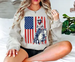 Rustic Rodeo Rider Americana Graphic Top Vintage Horseback Desert Style Tee Western Ranch Inspired USA Spirit Casual Shirt for Women