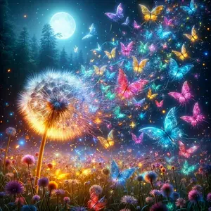 5D Diamond Painting Kit - Glowing Dandelion & Colorful Butterflies Under Full Moon, Full Round Drill Fantasy Starry Night Mosaic Art, DIY Rhinestone Embroidery for Bedroom Wall Decor & Gift for Fantasy Lovers, Flower Embroidery, Butterfly Embroidery