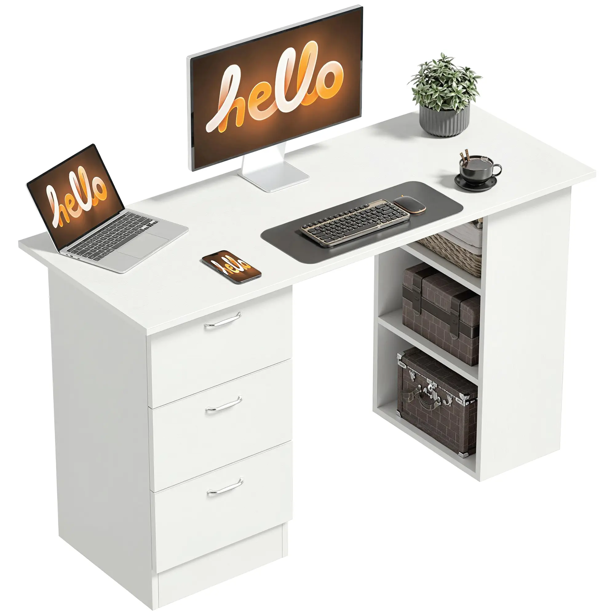 47" Modern Computer Desk – White. 3 Drawers + 3 Open Bookshelves. Reversible Design (Shelves on Left or Right). 47.25"W x 19.25"D x 28.25"H. 44 lbs Cap