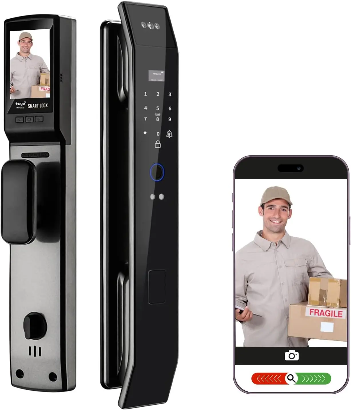 Smart Front Door Lock with 3D Face Recognition, Camera, Intercom, Video Doorbell, Fingerprint Keyless Entry, Password, IC Card, Key Access, Tuya App Control & Alexa Compatibility for Home Security