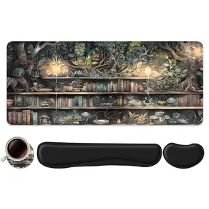 4pcs Whimsical Enchanted Forest Bookshelf Design Mouse Pad + Keyboard Wrist Rest + Ergonomic Mouse Pad + Coaster Set For Desktop Decoration, Office Accessories Set Ergonomic Wrist Support, Computer Mat Mouse Pad Coaster Suitable For Home Office Gaming