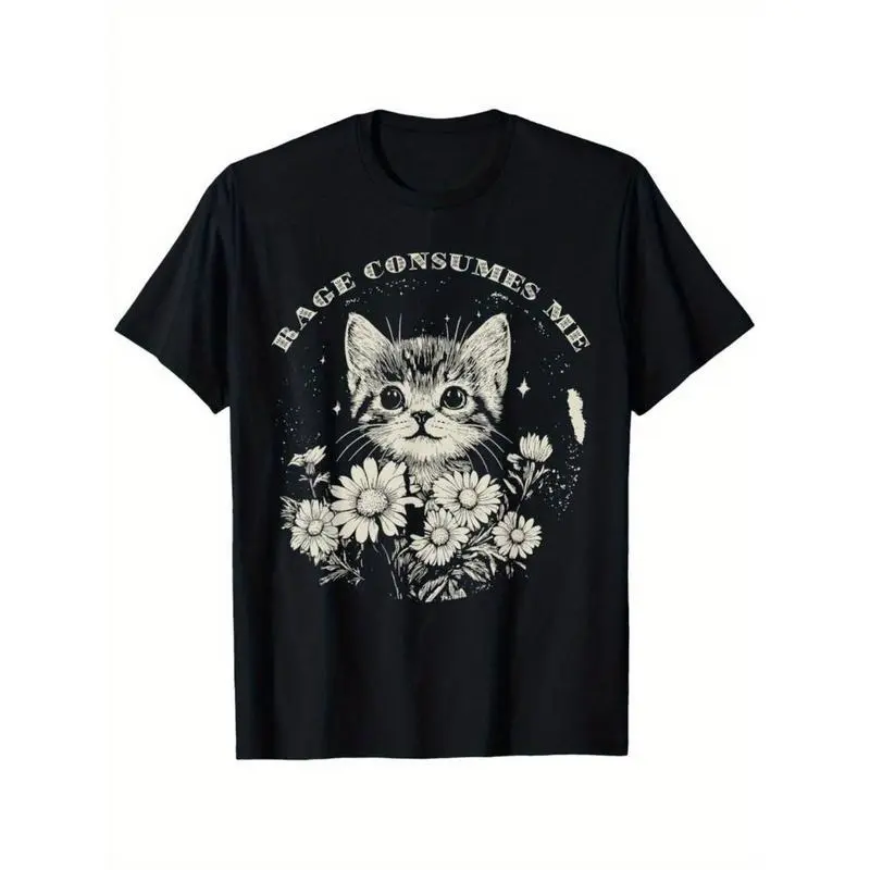 [Funny Cat T-Shirt] Soft Cotton Funny Cat Graphic T-Shirt - 'Rage Consumes Me' Sarcastic Kitten & Flower Design