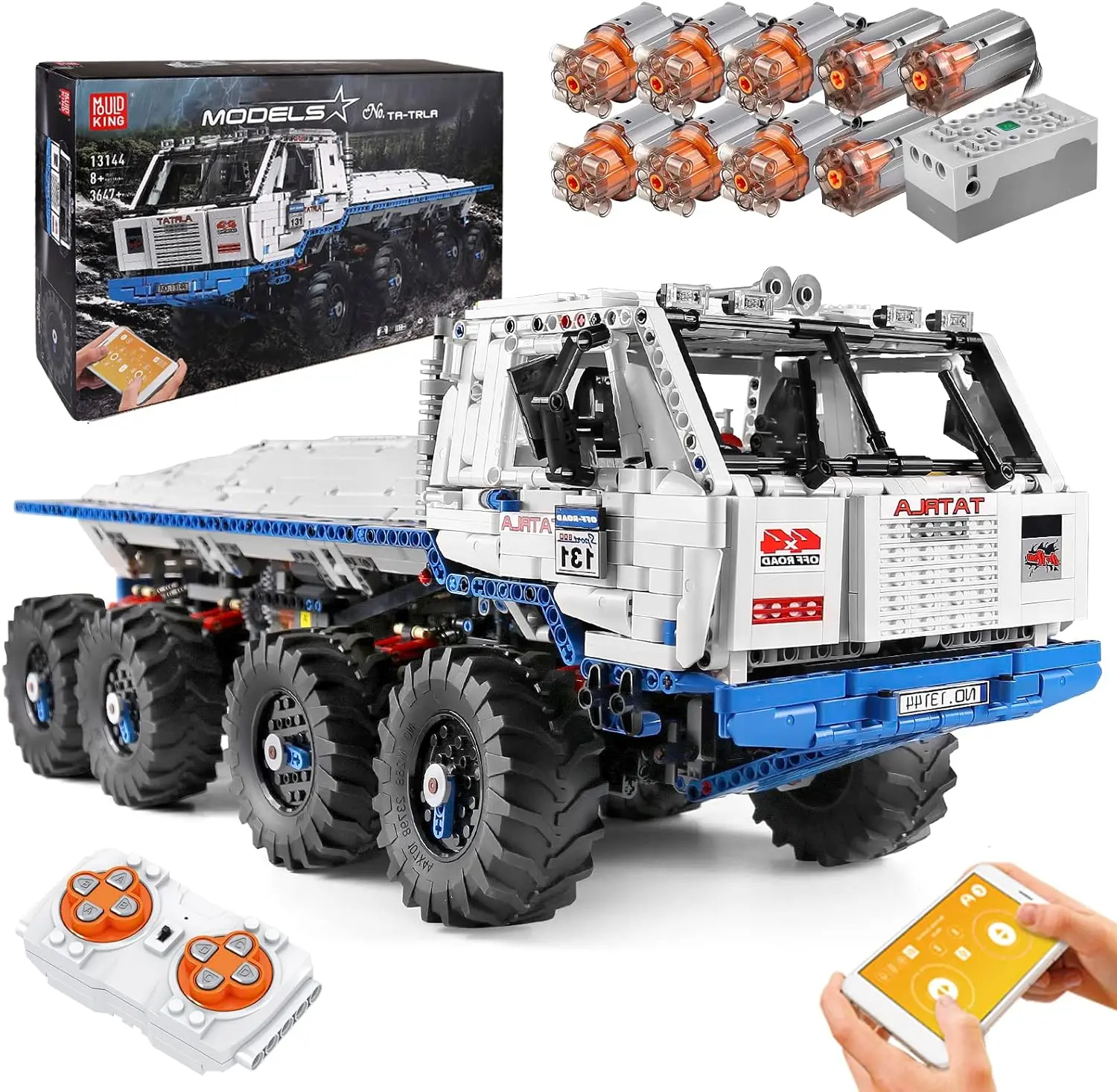 Mould King 13144 Technik 8x8 Offroad Tow Truck Building Blocks Model, 3647-Piece App Control 2.4G Lithium Battery Remote Control Toy, 24.4x10x9.8in 360° Rotation Gift for Ages 12+, 12 Years Above