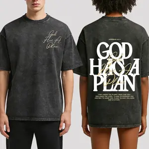 valentine shirts Retro Washed T-Shirt Double Sided Printed 230 Pure Cotton 'GOD HAS A PLAN' Letter Print Men's Casual Comfortable Fashionable Street Style Vintage Distressed Tropical Festive Streetwear Crewneck Short Sleeve