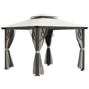 Outsunny 10' x 10' Patio Gazebo, Sunshade Canopy with Double Roof, Privacy Curtains, Mesh Netting & Aluminum Frame, Cream White Outdoor Shelter for Backyard, Deck