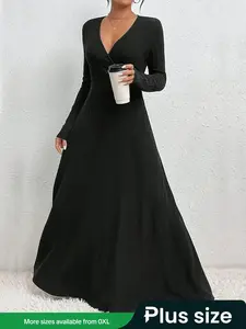 Elegant Fitted Long Sleeve Dress, V-Neck Knitwear, Slimming Waist Design, Solid Color, Autumn Winter Wear, Non-Sensitive Goods