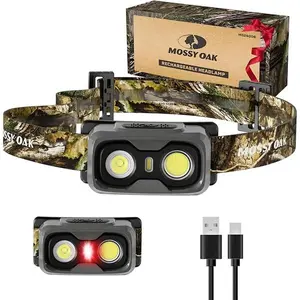 Mossy Oak 600 Lumens Rechargeable Headlamp, Lightweight LED Headlight with White & Red Light, Waterproof Head Lamp with Non-Slip Band, Dimmable & Memory Function for Hunting, Camping, Power Outage