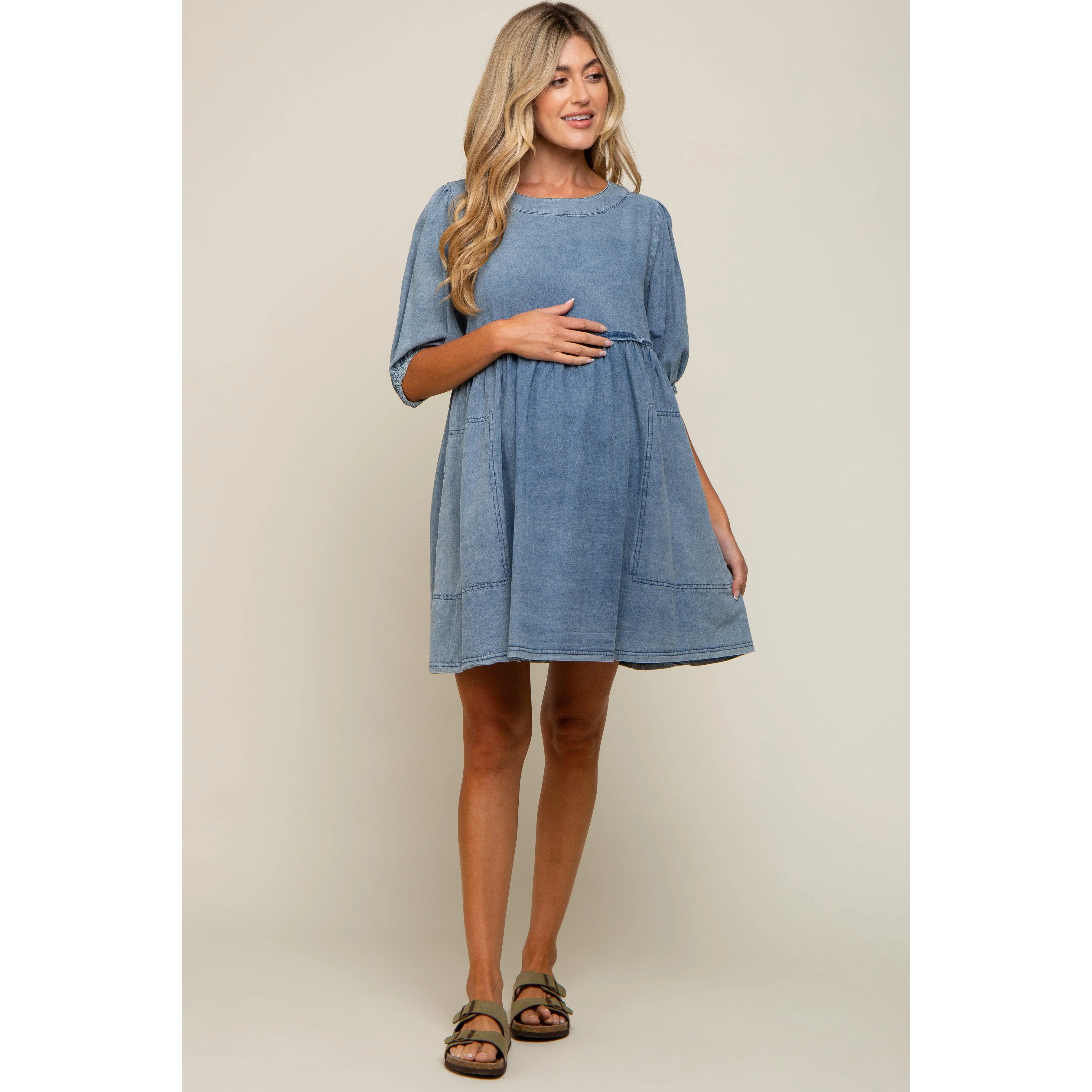 Blue Faded Denim Chambray Maternity Mini Dress