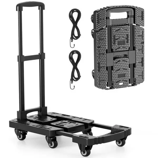 FOUKUS Folding Hand Truck: Versatile 500 LB Luggage Cart with Foldable Design,Utility Dolly Platform Cart with 6 Wheels & 2 Elastic Ropes for Luggage, Travel, Moving, Shopping, Office Use-Black