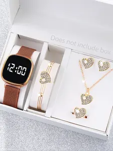 6pcs Rose Gold LED Display Analog Digital Watch Set, Magnetic Buckle, Casual Style, Perfect Gift for Kids & Couples, Fashion Watch