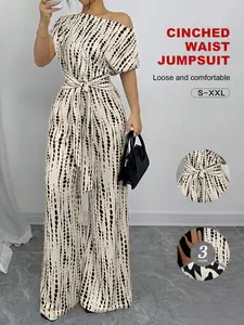 Women's All over Print Tie Front Jumpsuit, Casual Asymmetrical Neck Romper, Slim-Fitting Knit Clothing for All Seasons, Womenswear