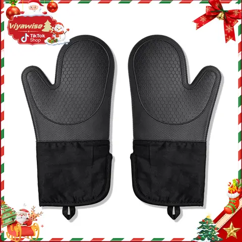 Viyawise 2-Piece Generous Sizing Insulated Silicone Oven Mitts - Heat Insulating Kitchenware with Soft Cotton Lining, Waterproof, Non-Slip, Durable, Machine Wash Bakeware Accessories for Baking, BBQ