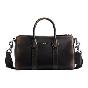 COACH Compass 25 Leather Tote Bag with Adjustable and Detachable Strap for Men and Women in Black and Light Brown