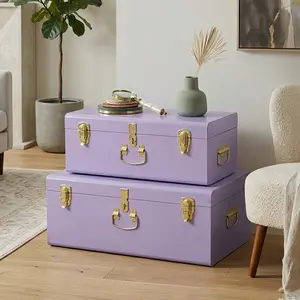 Purple Metal Storage Trunk Set of 2, Nesting Decorative Keepsake Box with Gold Hardware, Aesthetic Memory Chest for Nursery Organization & Bedroom Decor