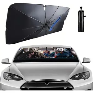 GENANY Horror Characters Umbrella Sunshade for Electric Vehicle Windshield (59x37 Inches) with 360°Rotation Bendable Handle, Foldable Sunshade Umbrella, Auto Gift, Spring Car Decor
