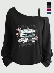 Plus Size Women's Loose-Fit Long Sleeve Cami Top, Asymmetrical Neckline, Letter Print, All Seasons, Sizes 1-8xl