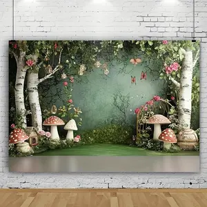 Fairy Tale Mushroom House Pattern Photography Backdrop, 1 Count Romantic Wedding Party Decoration Background, Wall Decoration for Home Living Room Bedroom, Banners, Party Decorations Banners