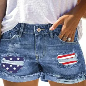 Women's Distressed Denim Shorts - Womenswear Bottom with American Flag Design, Rolled Hem, Ideal for Independence Day