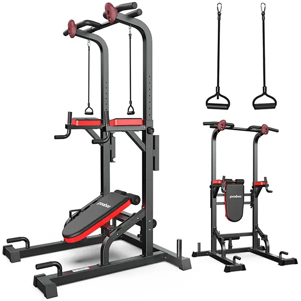 Pooboo Adjustable Multifunctional Power Tower - 480lbs Capacity, Incline Bench, Dip Station, Pull-Up Bar, Power Rack Home Gym Machine for Home Fitness Equipment Strength Training