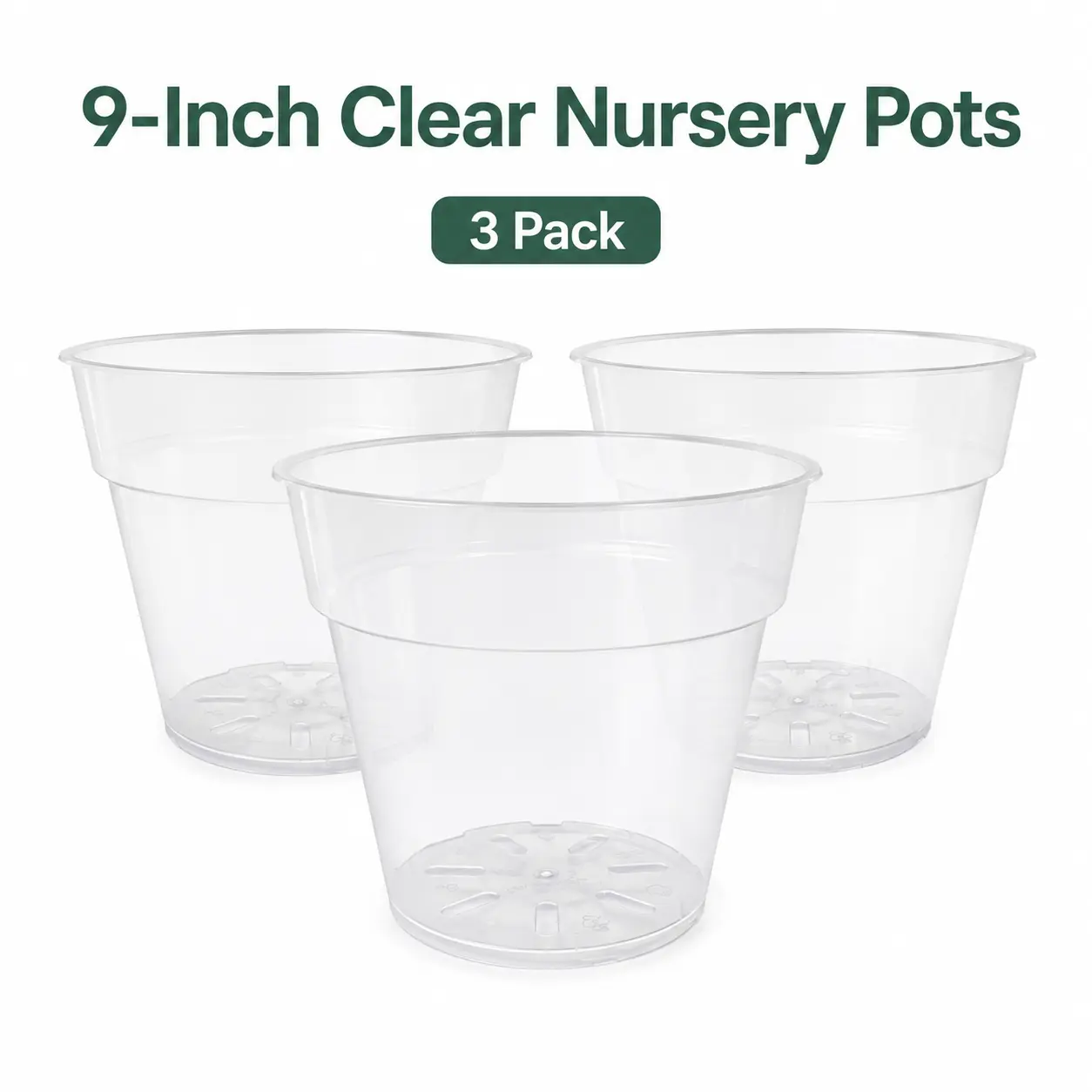 9-Inch Clear Plastic Nursery Pots, 3-Pack Transparent Planters for Indoor & Outdoor Plants