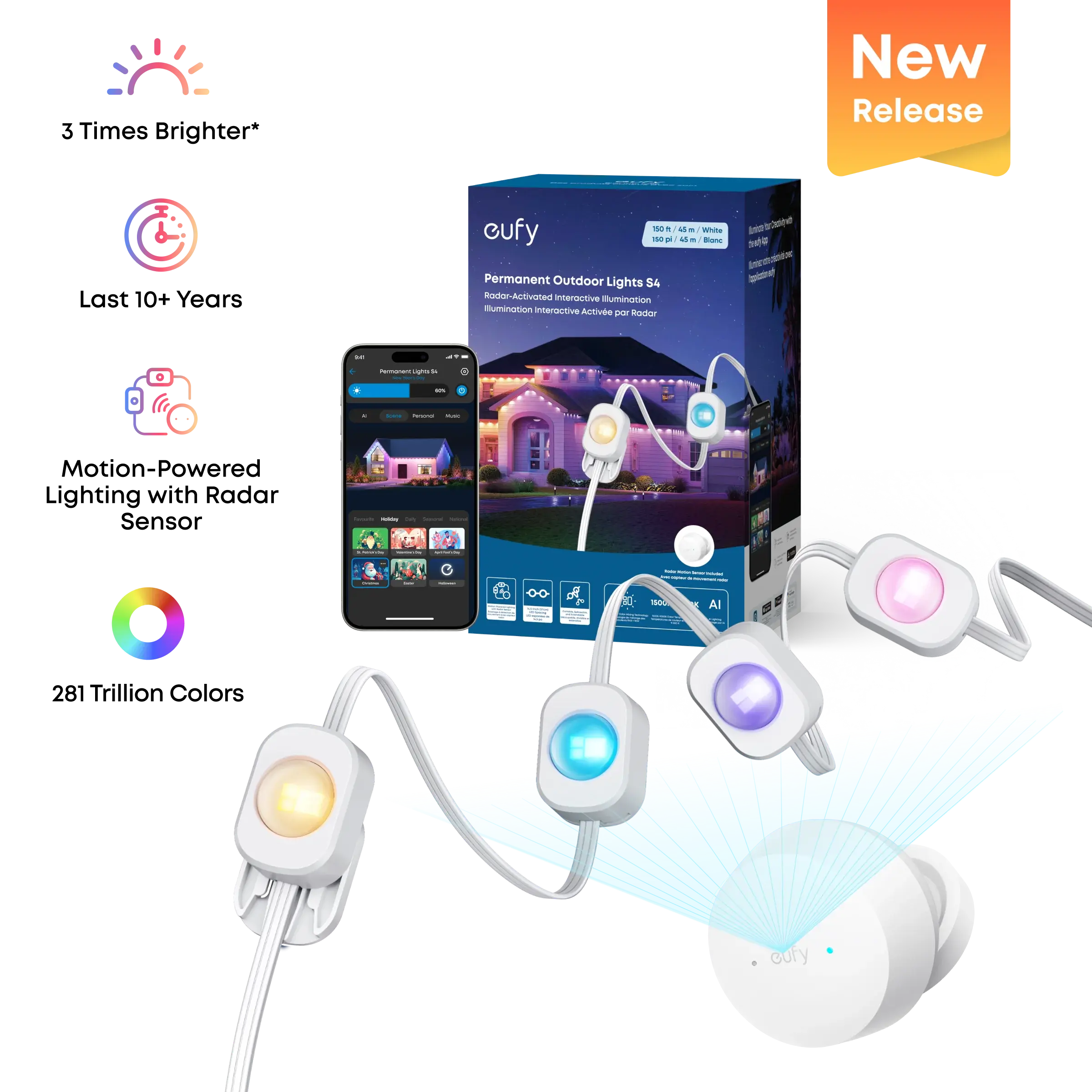 eufy S4 Permanent Outdoor Strip Lights, 100 ft 72-LED Radar-Activated, RGB+WW Color Tune Tech, IP67 Waterproof, AI-Powered Mood Lighting, AI Voice Control, Wi-Fi, Matter Enabled (Matter Protocol), AC Power Supply, eufy Camera Compatible
