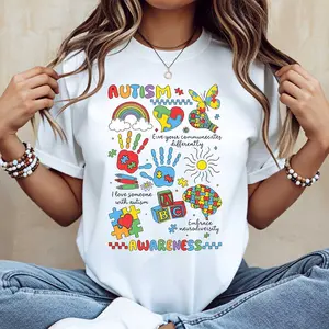 Autism Awareness Puzzle Pieces Rainbow Hands And Brain Print T Shirt White Casual Round Neck Short Sleeve Top For Women Daily Wear And Support Events