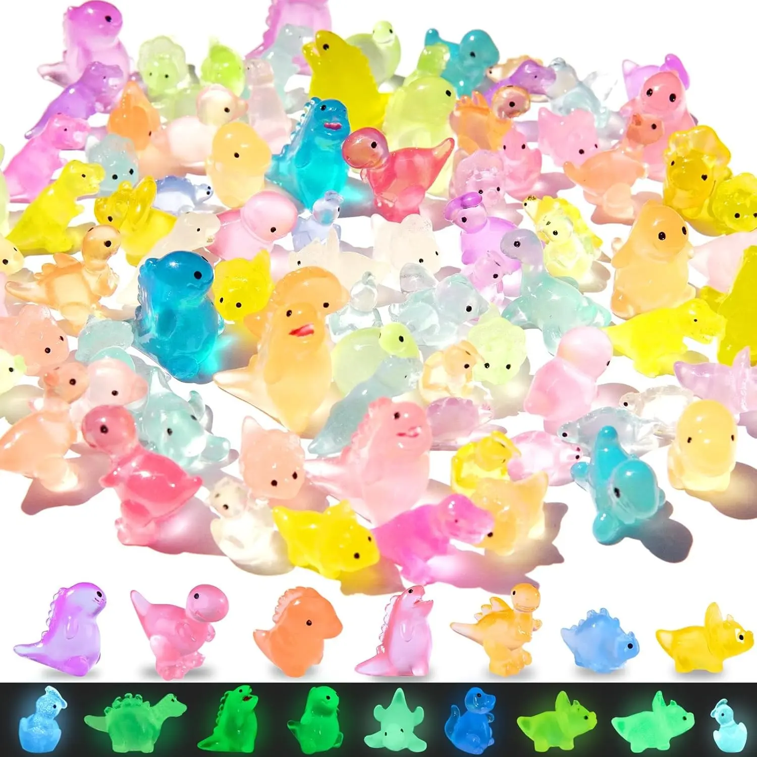 100PCS Luminous Mini Resin Dinosaur Ornaments - Light, Magical, Colorful Bulk Pack with 38 Styles Tiny Animals for Garden Micro Landscape, Dollhouse Decor Crafts, Resin Glow