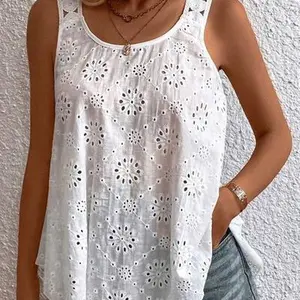 Eyelet Round Neck Wide Strap Tank Top