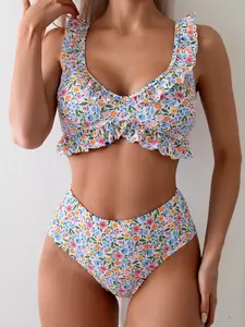 Ruffle Floral Bikini for Women High Waisted Two Piece Swimsuit Cottagecore Bathing Suit Cute Spring Break Beach Swimwear