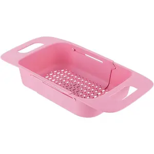 Expandable Dish Drying Rack Adjustable Over The Sink Dish Drainer Utensil Silverware Fruit Storage Holder Basket for Home Kitchen Pink