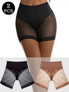 Women's High Waist Seamless Mesh Shaping Shorts Shapewear, Medium Pressure Plain Color Underwear, Comfortable Casual Fitness Pants