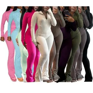Women’s 2-Piece Lounge Set – Cozy Zip-Up Crop Jacket & Flare Pants Tracksuit Stretchy Workout Outfit for Home, Gym & Streetwear
