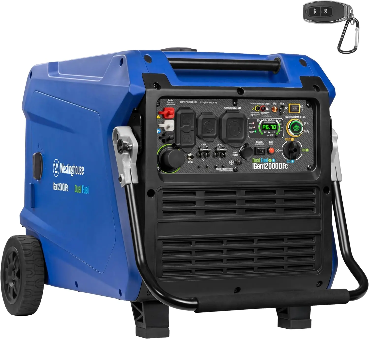 Westinghouse 12000 Peak Watt Dual Fuel Portable Inverter Generator, Remote Electric Start, Transfer Switch Ready, Gas and Propane Powered, Low THD - Safe for Electronics, Parallel Capable, CO Sensor