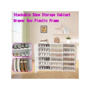 Indoor furniture  36 Pairs Stackable Shoe Storage Cabinet Drawer Box Plastic Frame