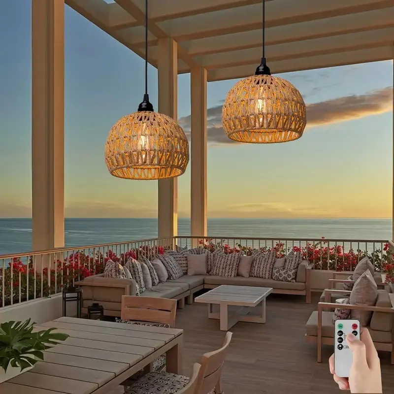 2‑Pack Boho Jute Rattan Woven Pendant Lights, Hanging Chandeliers with Rechargeable RGB Bulbs, Remote Dimmer & Adjustable Lighting Modes for Kitchen Island Home Decor