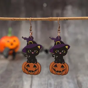 Pair of Halloween Cat & Pumpkin Earrings - Cute Black Cat Witch Hat Design, d Wood & Iron Studs, Mixed Color Autumn Theme Accessories for Teens & Adults (15+)