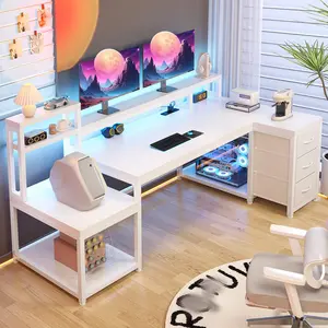 【Spring Glow up】Raybee 71" L-Shaped Gaming Desk with Power Outlet, LED Lights, Gamer Computer Desk with Drawers, Reversible Home Office Table with Storage & Monitor Stand Corner Desk, Black Carbon Fiber Finish,Rustic Brown,White
